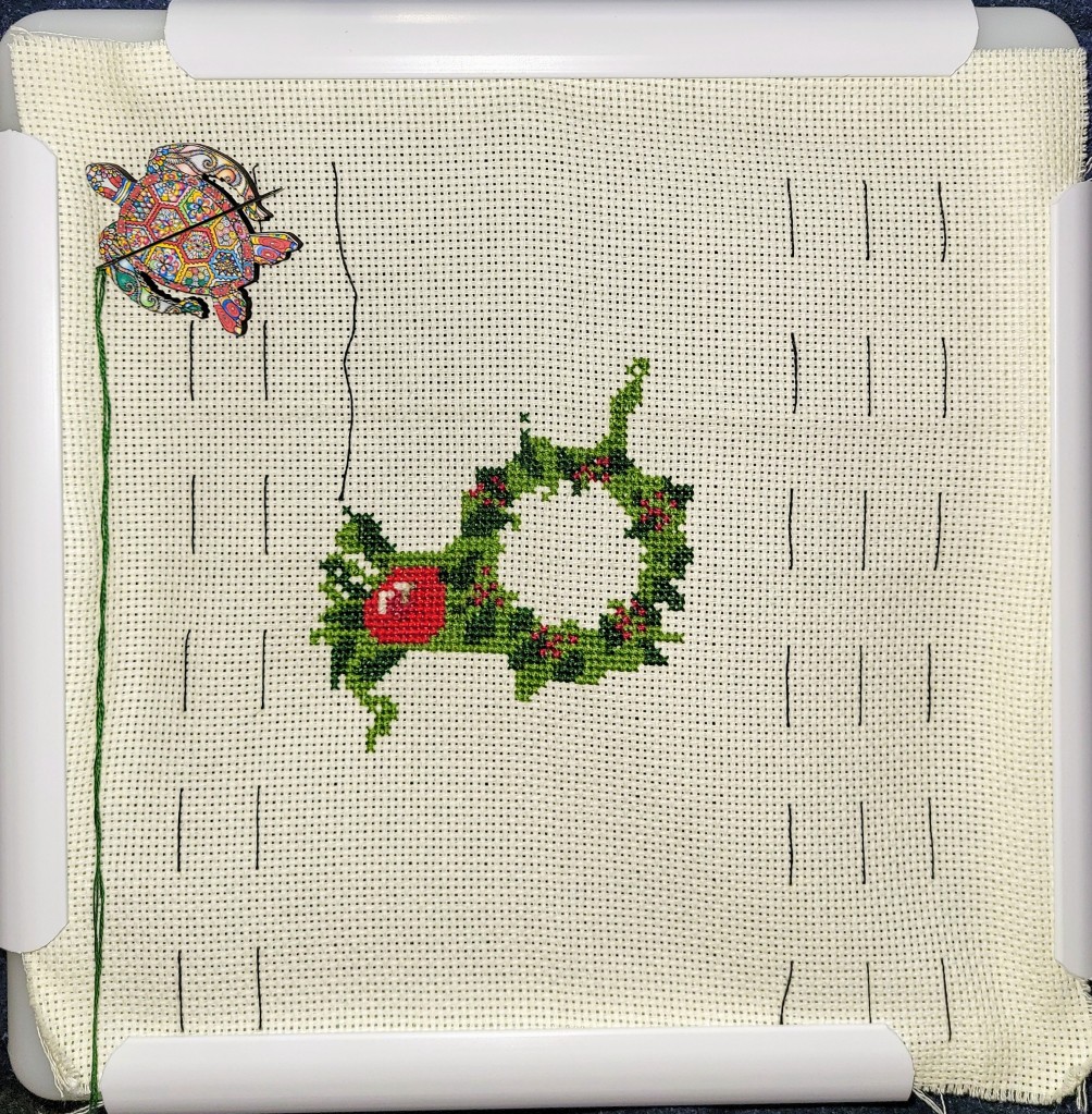 Work in Progress of cross stitch Christmas Wreath