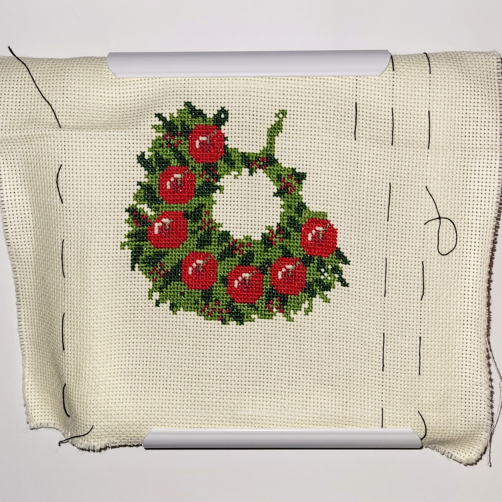 Christmas wreath cross stitch, approximately 2/3 complete 